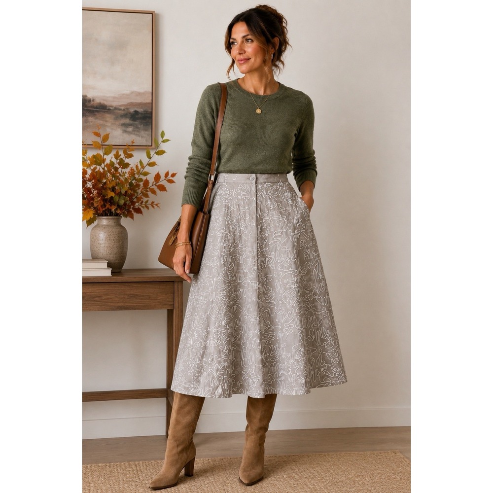 Lafayette 148 New York Flora Embroidered A Line Midi Skirt Lined 4 Linen Gray